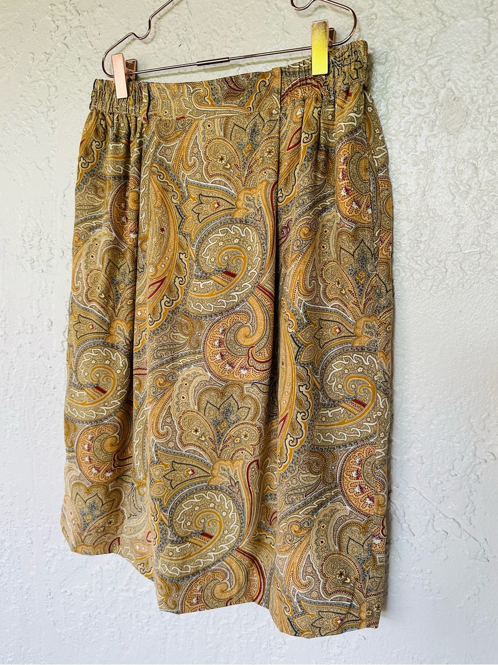 Vintage Liz Claiborne 100% Silk Paisley Midi Skirt Mustard Gold Pleated Size 10 - Picture 5 of 9